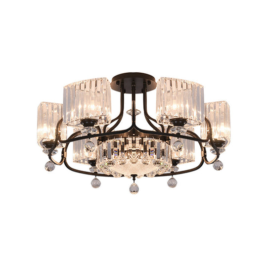 Modern Crystal Trapezoid Light Fixture- 4/8 Bulb Dining Room Semi Flush with Sleek Black Frame