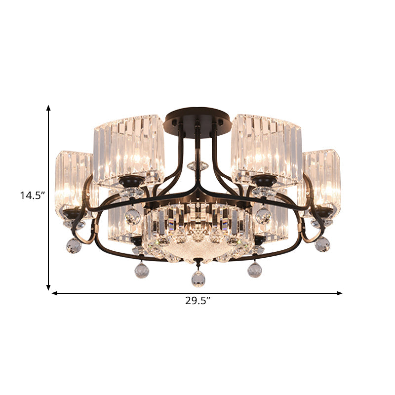 Modern Crystal Trapezoid Light Fixture- 4/8 Bulb Dining Room Semi Flush with Sleek Black Frame