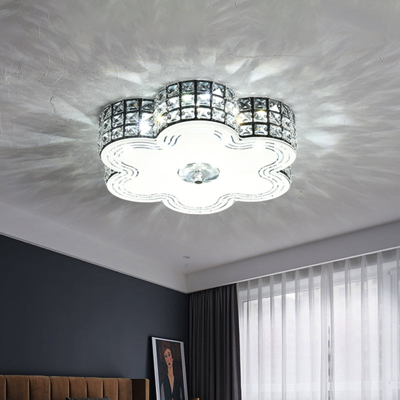 Modern LED Flush Mount Light with Square-Cut Crystals and Floral Design, 15.5"/19.5" Width