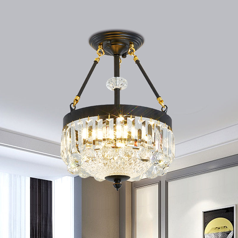 Contemporary Crystal Bowl Semi Flush Light - 4/6 Heads, 14.5"/18.5" Width, Ceiling Mount, Black Frame