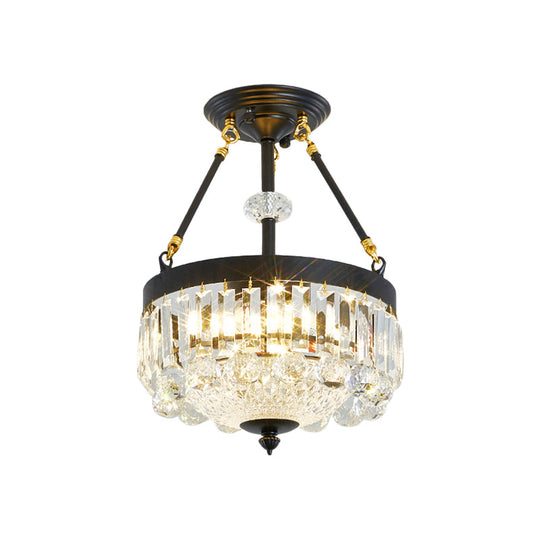 Contemporary Crystal Bowl Semi Flush Light - 4/6 Heads 14.5/18.5 Width Ceiling Mount Black Frame