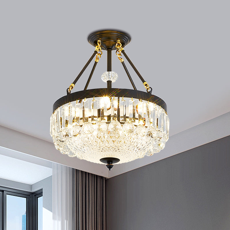 Contemporary Crystal Bowl Semi Flush Light - 4/6 Heads 14.5/18.5 Width Ceiling Mount Black Frame