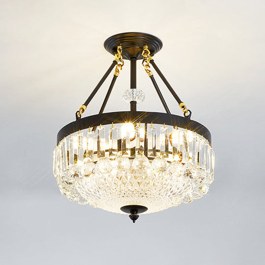 Contemporary Crystal Bowl Semi Flush Light - 4/6 Heads 14.5/18.5 Width Ceiling Mount Black Frame