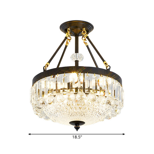 Contemporary Crystal Bowl Semi Flush Light - 4/6 Heads, 14.5"/18.5" Width, Ceiling Mount, Black Frame