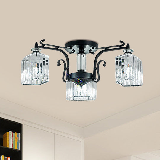 Modern Black Metal Ceiling Lamp: Scrolling Arm Semi Flush Mount with Clear Cubic Shade - Set of 3 Bulbs