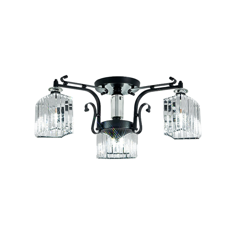 Modern Black Metal Ceiling Lamp: Scrolling Arm Semi Flush Mount with Clear Cubic Shade - Set of 3 Bulbs