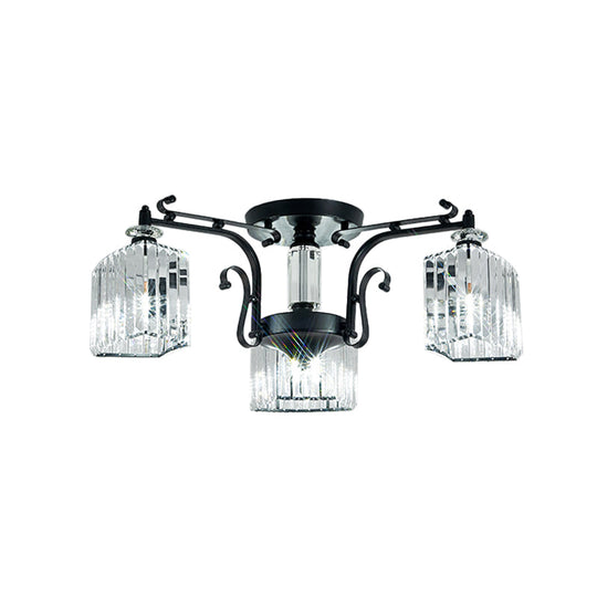 Modern Black Metal Ceiling Lamp: Scrolling Arm Semi Flush Mount With Clear Cubic Shade - Set Of 3