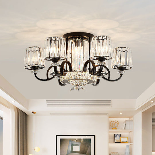 Contemporary Semi Flush Mount Ceiling Light with Clear Crystal Barrel Shade - 8 Heads - Black