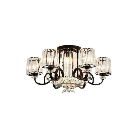 Contemporary Semi Flush Mount Ceiling Light with Clear Crystal Barrel Shade - 8 Heads - Black