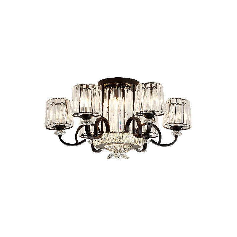 Contemporary Semi Flush Mount Ceiling Light With Clear Crystal Barrel Shade - 8 Heads Black