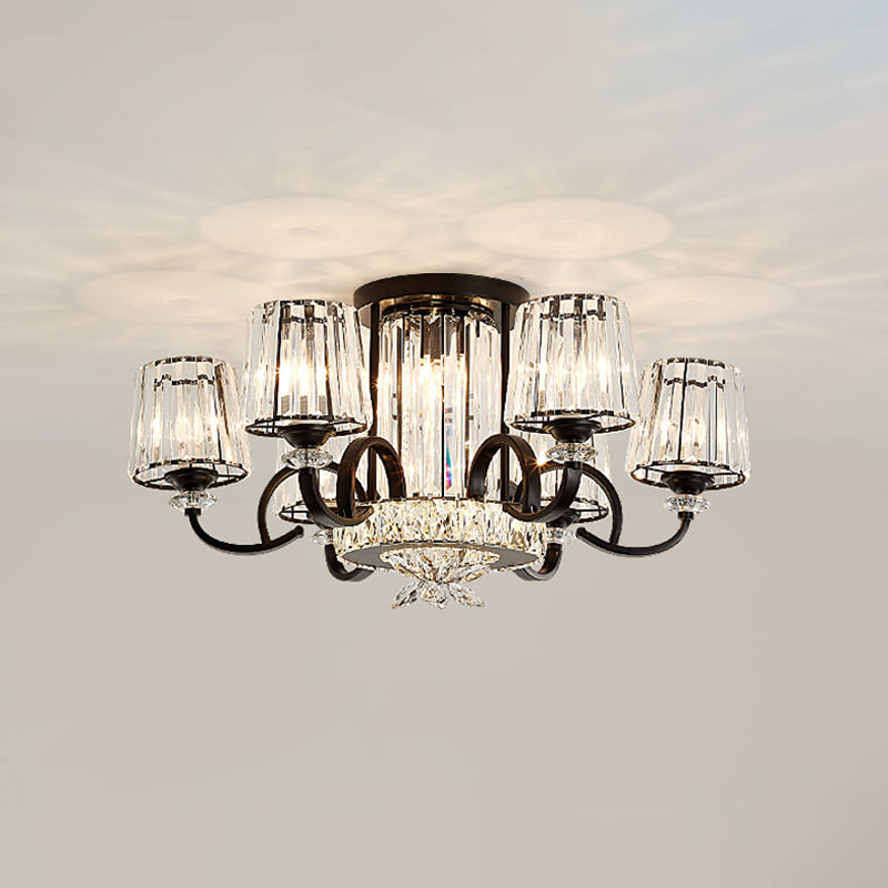 Contemporary Semi Flush Mount Ceiling Light with Clear Crystal Barrel Shade - 8 Heads - Black