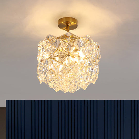 Contemporary Gold Canopy Semi Flush Mount Light with Hexagon-Shape Crystals & 3 Bulbs