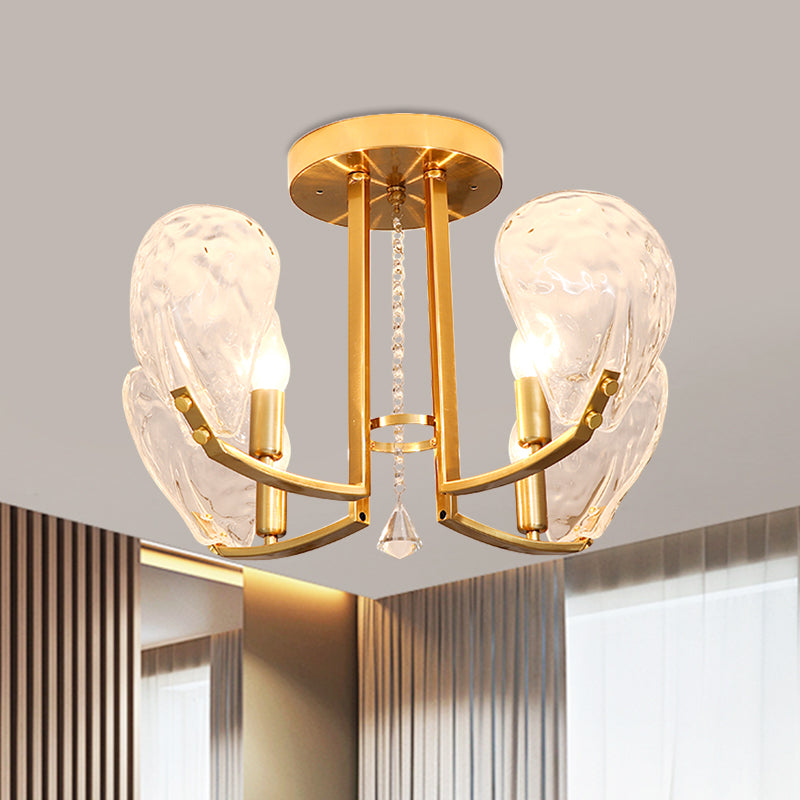 Contemporary Gold Candle Semi Flush Mount Ceiling Light with Crystal Petal Shade - 4 Bulbs