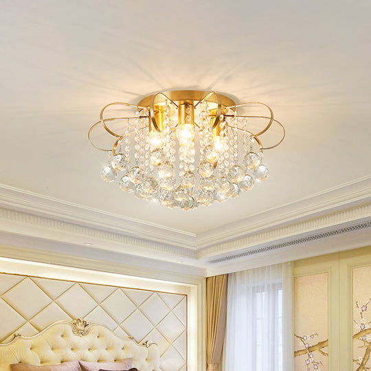 Contemporary Gold Metal Ceiling Lamp with Swirled Arm Design, Clear Crystal Orbs, and Rods - 4-Heads Semi Flush Light