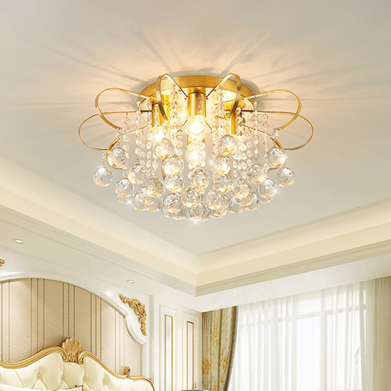 Contemporary Gold Metal Ceiling Lamp with Swirled Arm Design, Clear Crystal Orbs, and Rods - 4-Heads Semi Flush Light