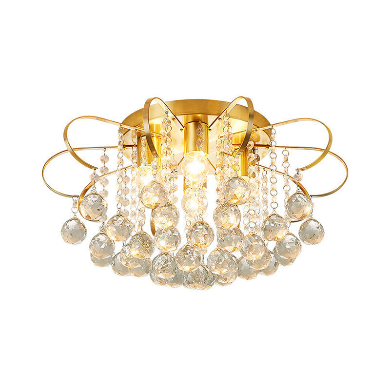 Contemporary Gold Metal Ceiling Lamp with Swirled Arm Design, Clear Crystal Orbs, and Rods - 4-Heads Semi Flush Light