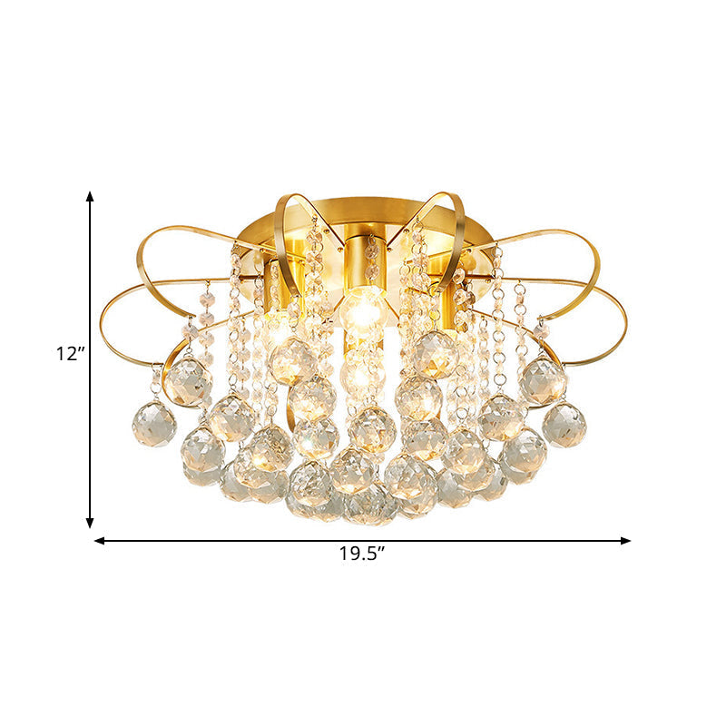 Contemporary Gold Metal Ceiling Lamp with Swirled Arm Design, Clear Crystal Orbs, and Rods - 4-Heads Semi Flush Light