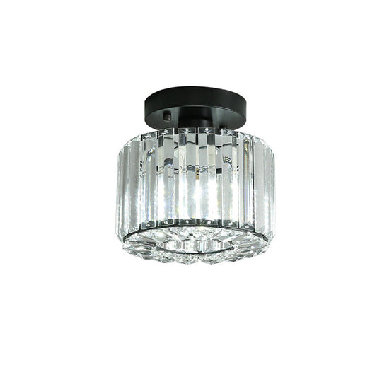 Modern Round/Square Shade Porch Flush Light Fixture with Clear Faceted Crystals - Black Canopy Ceiling Lamp