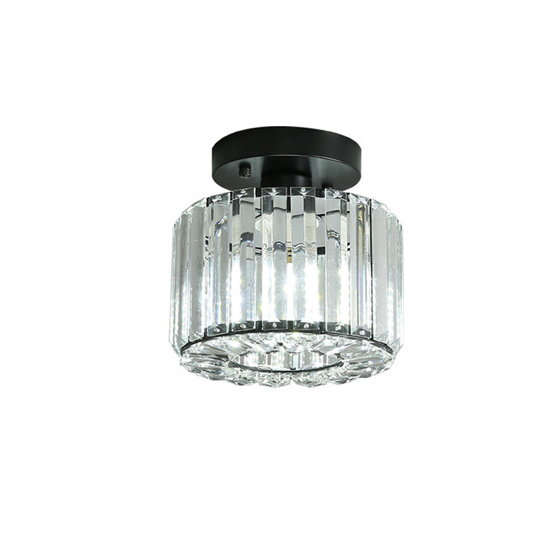 Modern Round/Square Shade Porch Flush Light Fixture With Clear Faceted Crystals - Black Canopy