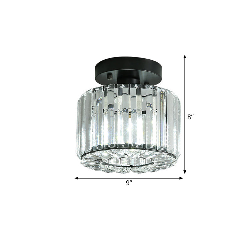 Modern Round/Square Shade Porch Flush Light Fixture with Clear Faceted Crystals - Black Canopy Ceiling Lamp