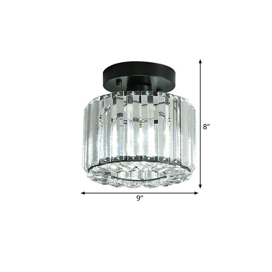 Modern Round/Square Shade Porch Flush Light Fixture With Clear Faceted Crystals - Black Canopy