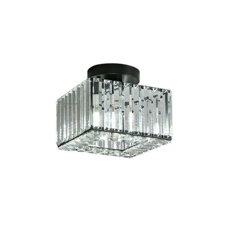 Modern Round/Square Shade Porch Flush Light Fixture with Clear Faceted Crystals - Black Canopy Ceiling Lamp