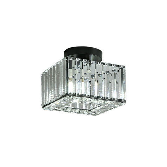 Modern Round/Square Shade Porch Flush Light Fixture With Clear Faceted Crystals - Black Canopy