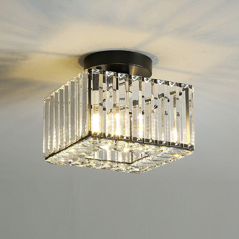 Modern Round/Square Shade Porch Flush Light Fixture with Clear Faceted Crystals - Black Canopy Ceiling Lamp