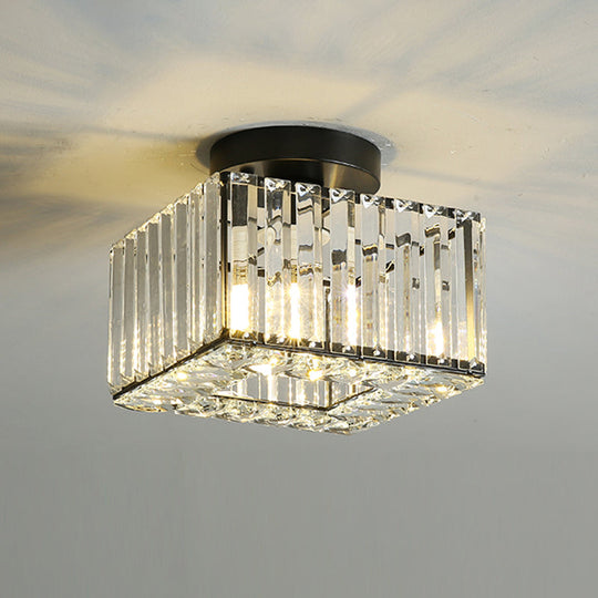 Modern Round/Square Shade Porch Flush Light Fixture with Clear Faceted Crystals - Black Canopy Ceiling Lamp