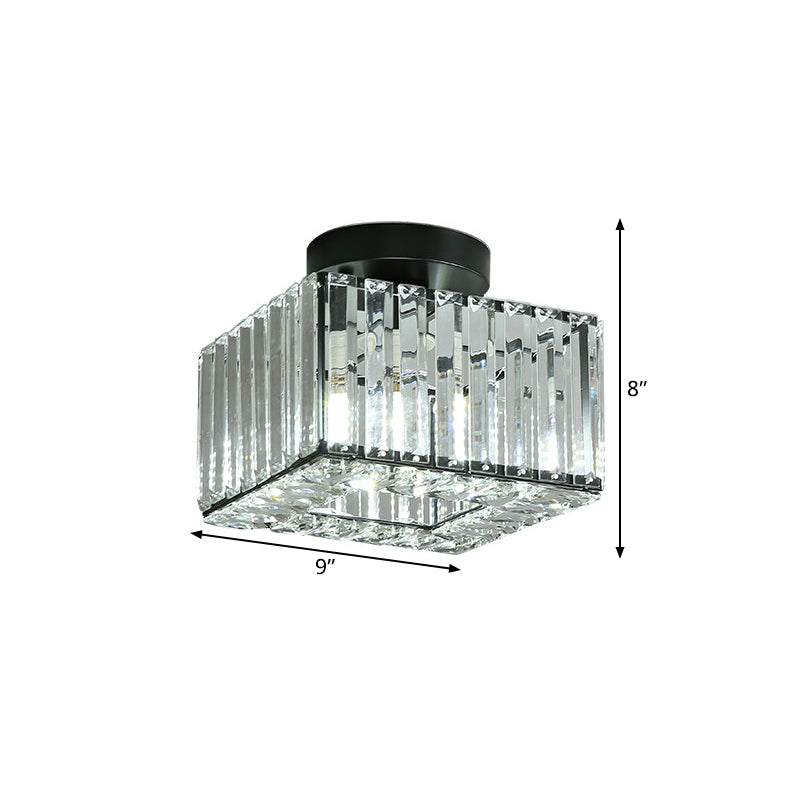 Modern Round/Square Shade Porch Flush Light Fixture with Clear Faceted Crystals - Black Canopy Ceiling Lamp