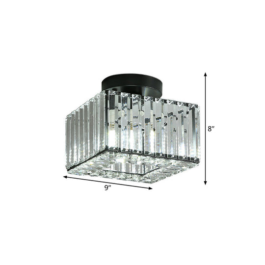 Modern Round/Square Shade Porch Flush Light Fixture with Clear Faceted Crystals - Black Canopy Ceiling Lamp