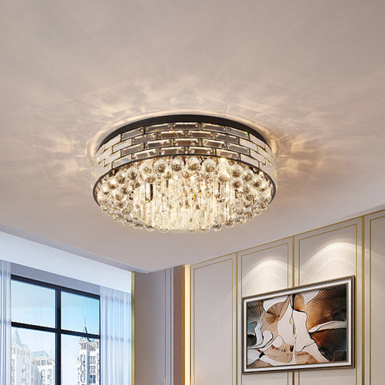 Drum Ceiling Mount Light Modern Black Canopy With Clear Crystal Draping 7/9 Bulbs Flushmount