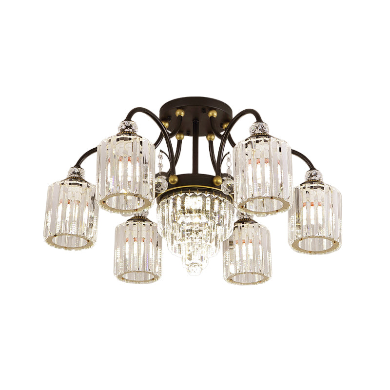 Modern Clear Crystal Ceiling Light with Black Scroll Arms and 6/11 Cylindrical Heads