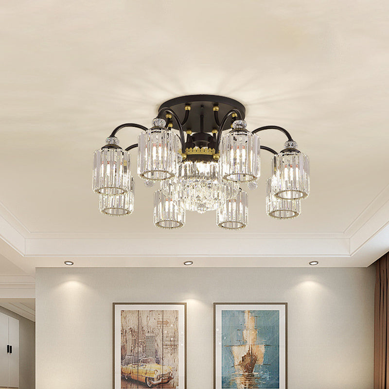 Modern Clear Crystal Ceiling Light with Black Scroll Arms and 6/11 Cylindrical Heads