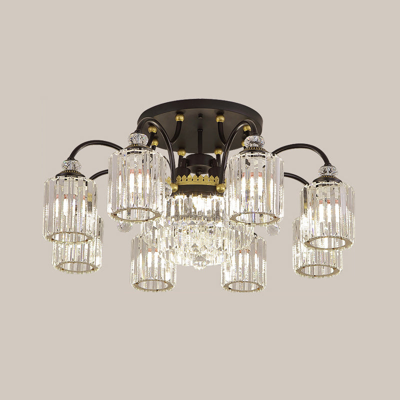 Modern Clear Crystal Ceiling Light with Black Scroll Arms and 6/11 Cylindrical Heads