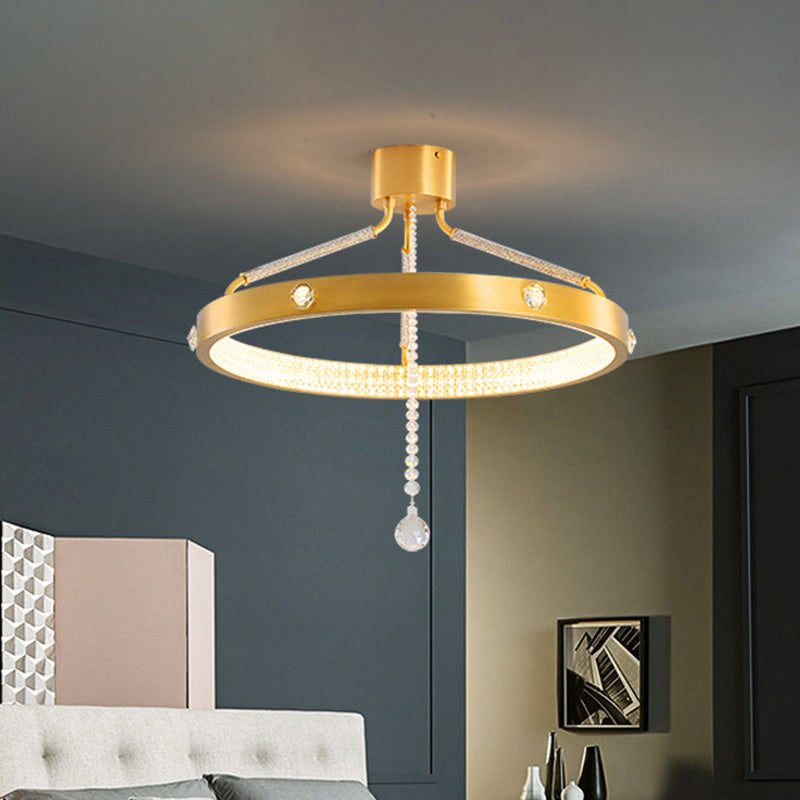 Contemporary Gold Metal LED Semi Flush Mount Ceiling Light with Crystal Strand - 19.5"/15.5" Wide