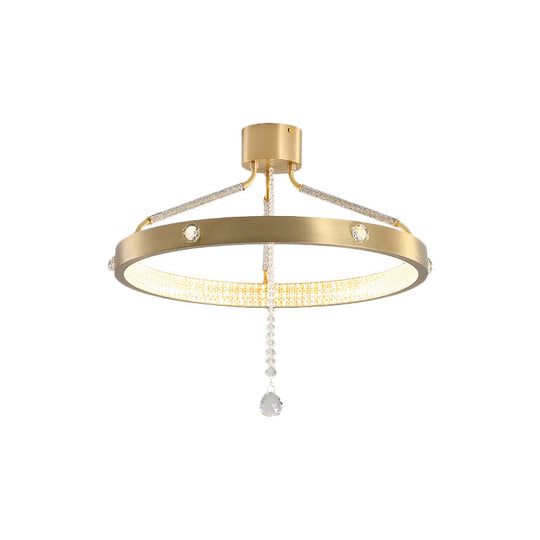 Contemporary Gold Metal Led Semi Flush Mount Ceiling Light With Crystal Strand - 19.5/15.5 Wide