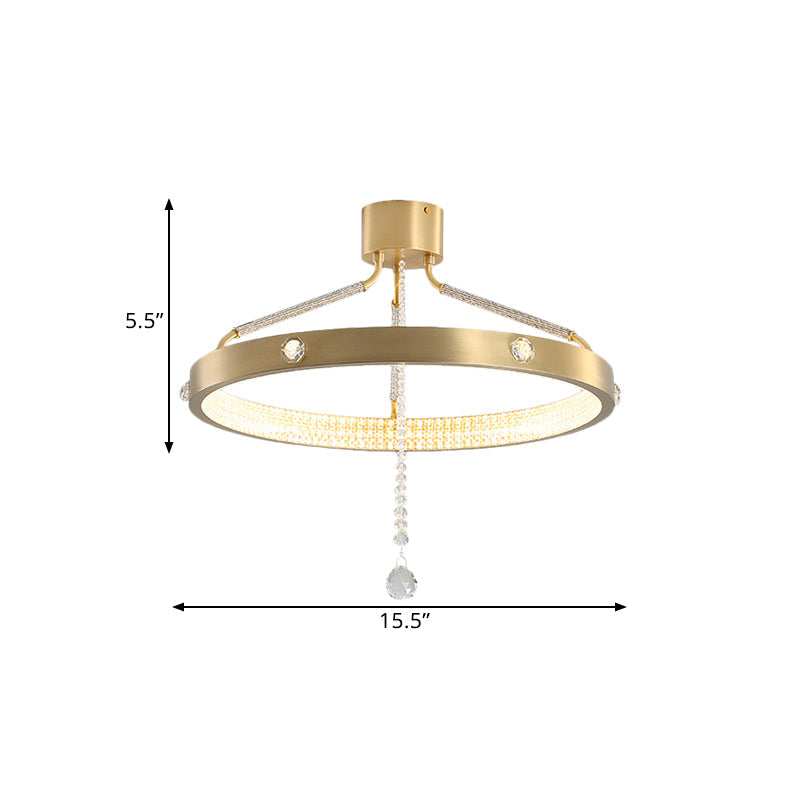 Contemporary Gold Metal LED Semi Flush Mount Ceiling Light with Crystal Strand - 19.5"/15.5" Wide