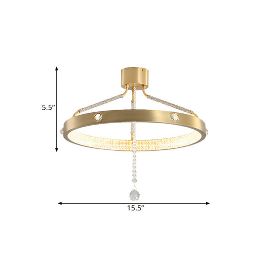 Contemporary Gold Metal LED Semi Flush Mount Ceiling Light with Crystal Strand - 19.5"/15.5" Wide