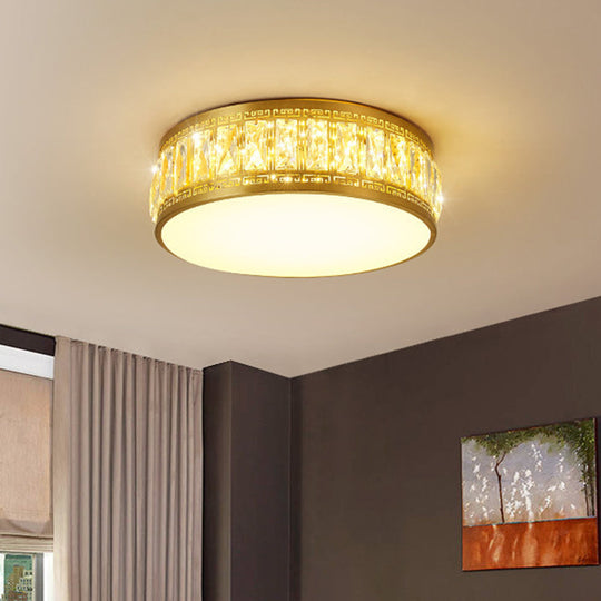 Modern Led Drum Flush Mount Lamp - Gold Finish Rectangular-Cut Crystals 19.5/23.5 Width / 19.5