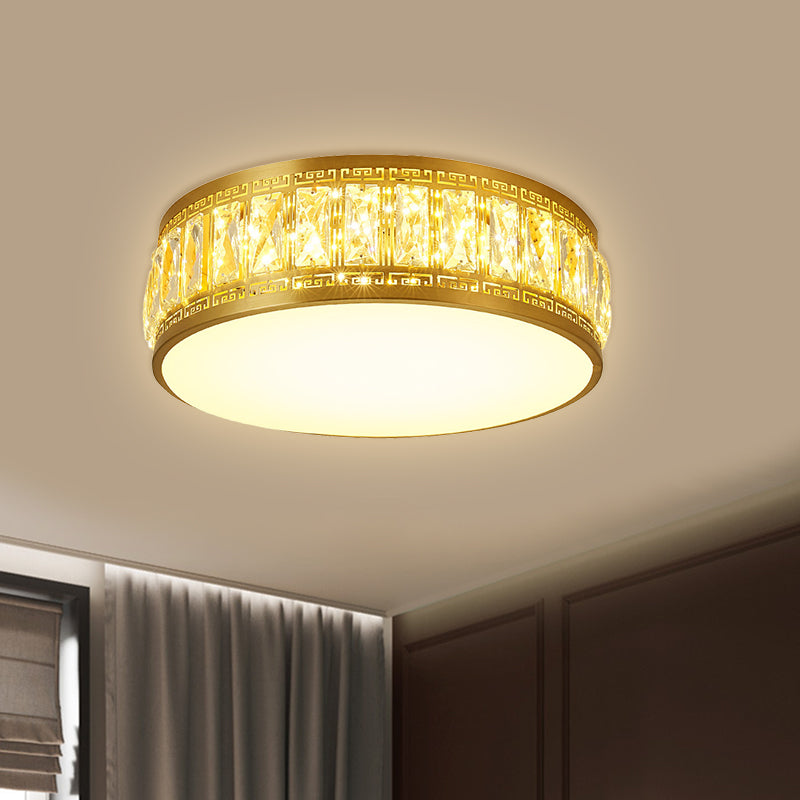 Modern Led Drum Flush Mount Lamp - Gold Finish Rectangular-Cut Crystals 19.5/23.5 Width