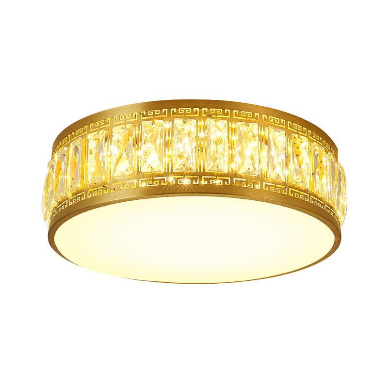 Modern LED Drum Flush Mount Lamp - Gold Finish, Rectangular-Cut Crystals, 19.5"/23.5" Width