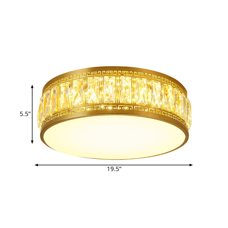 Modern Led Drum Flush Mount Lamp - Gold Finish Rectangular-Cut Crystals 19.5/23.5 Width