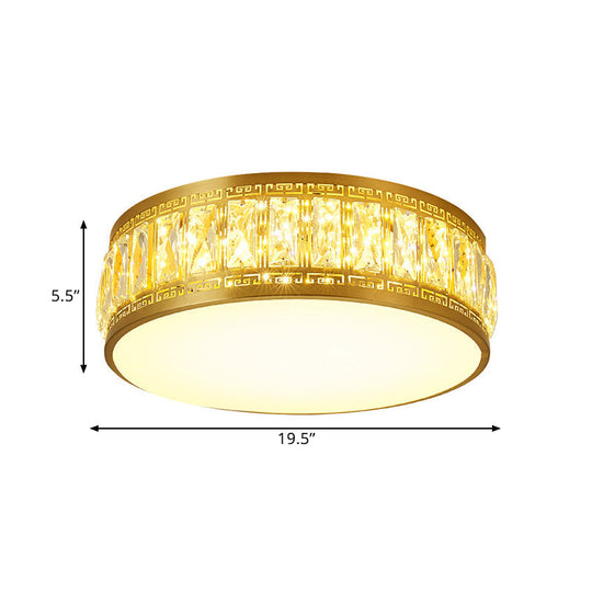 Modern Led Drum Flush Mount Lamp - Gold Finish Rectangular-Cut Crystals 19.5/23.5 Width