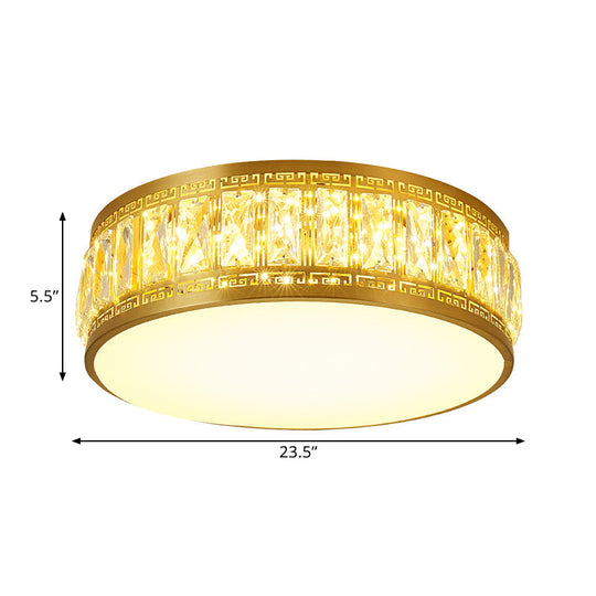 Modern Led Drum Flush Mount Lamp - Gold Finish Rectangular-Cut Crystals 19.5/23.5 Width