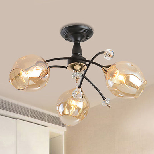 Black Led Semi Flush Ceiling Fixture With Amber/Blue Cup Shape Glass Shades - Modernist Bedroom