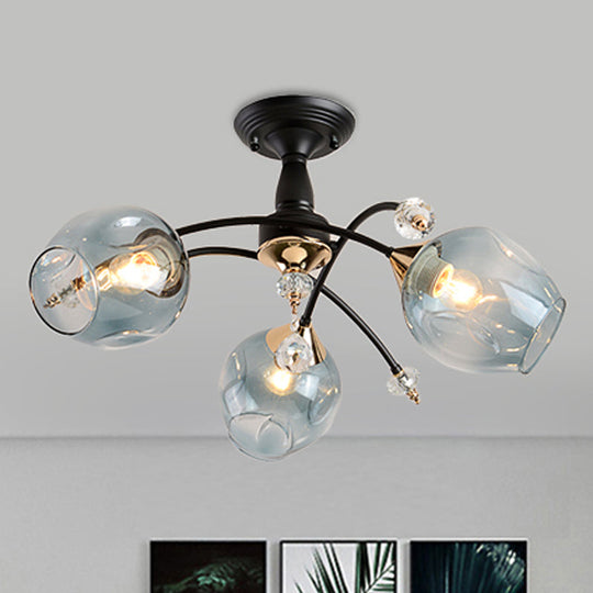 Black Led Semi Flush Ceiling Fixture With Amber/Blue Cup Shape Glass Shades - Modernist Bedroom