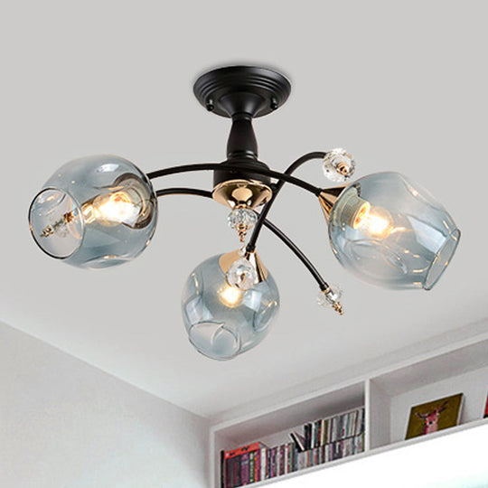 Semi Flush Mount Bedroom Light with Amber/Blue Glass Shade - Modernist Black LED Ceiling Fixture with Cup Shape