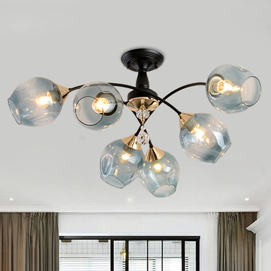 Black Led Semi Flush Ceiling Fixture With Amber/Blue Cup Shape Glass Shades - Modernist Bedroom