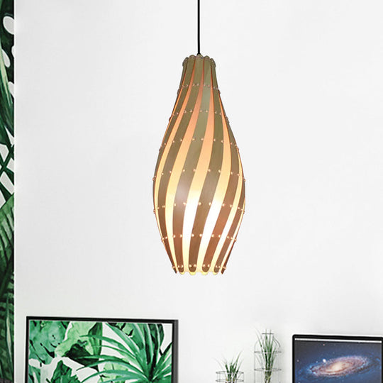 Wooden Pendant Lamp with Beige Shade - 1 Bulb, 8"/12" Wide - Ceiling Hanging Light for Restaurants